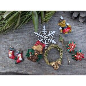 Vintage Christmas Brooch, Earrings Lot, Holiday Jewelry Collection